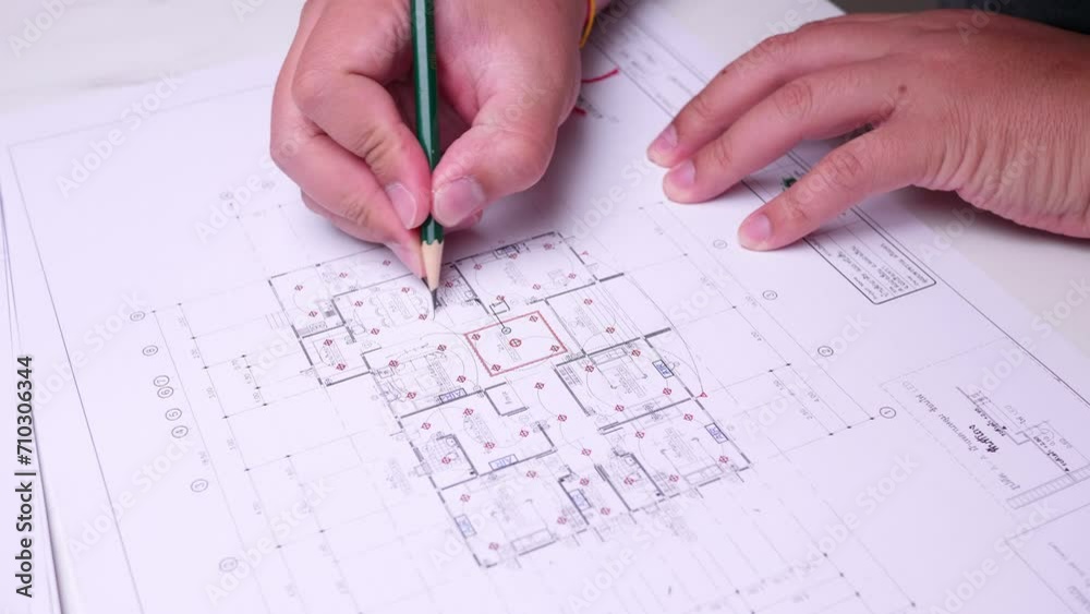 Draughtsman finalizing the architectural details of a residential floor plan for a new house in a walled village in a suburb in Southeast Asia. Draughtsman finalizing the architectural details of a residential floor plan for a new house in a walled village in a suburb in Southeast Asia.