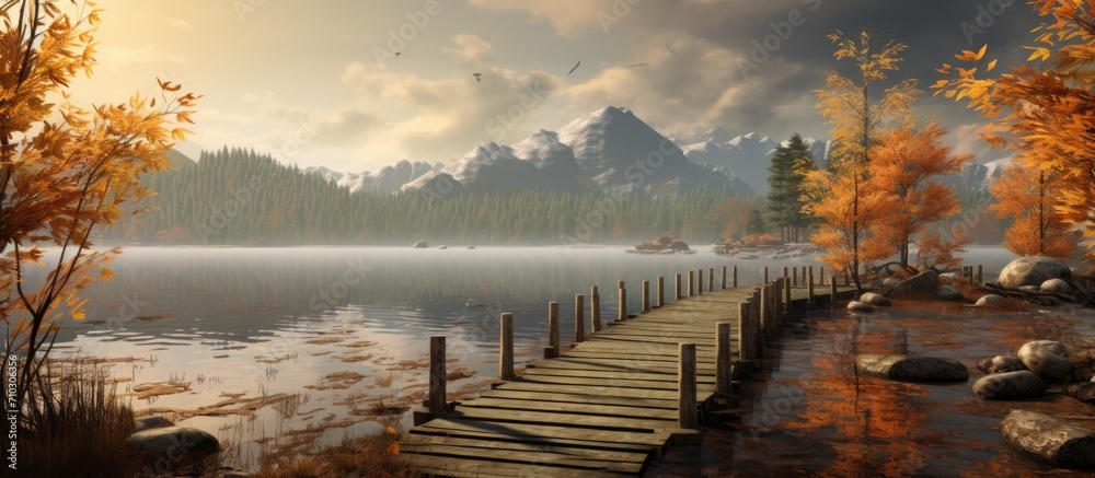 Autumn landscape featuring a see-through lake and wooden pier.