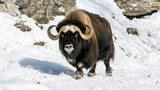 A tauren, looking threatening with an aggressive and arrogant look, stands in the snow in front of a rock.