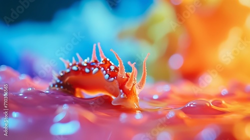 A snail, covered with ferrofluid, is seen crawling on a flower, showcasing beautiful macro close-up imagery with vivid colors.