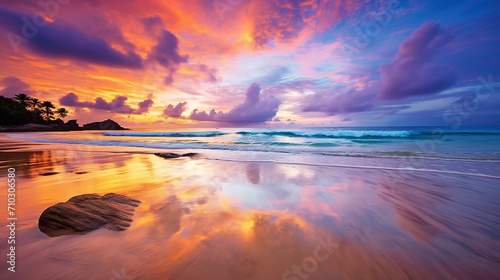 beautiful phuket beach sunset colorful cloudy twilight sky reflection © Aura