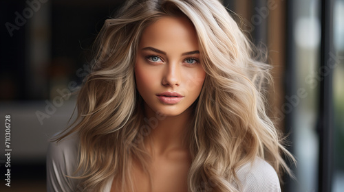 Elegant Beauty with Wavy Hair, evocative portrait capturing the allure of a woman with luxurious wavy blonde hair and a piercing gaze, exuding confidence and grace
