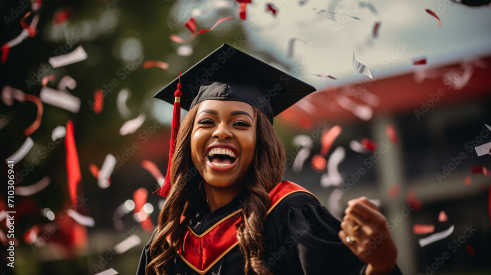 a woman graduate wearing a black and red graduation sash, And confetti flying around her