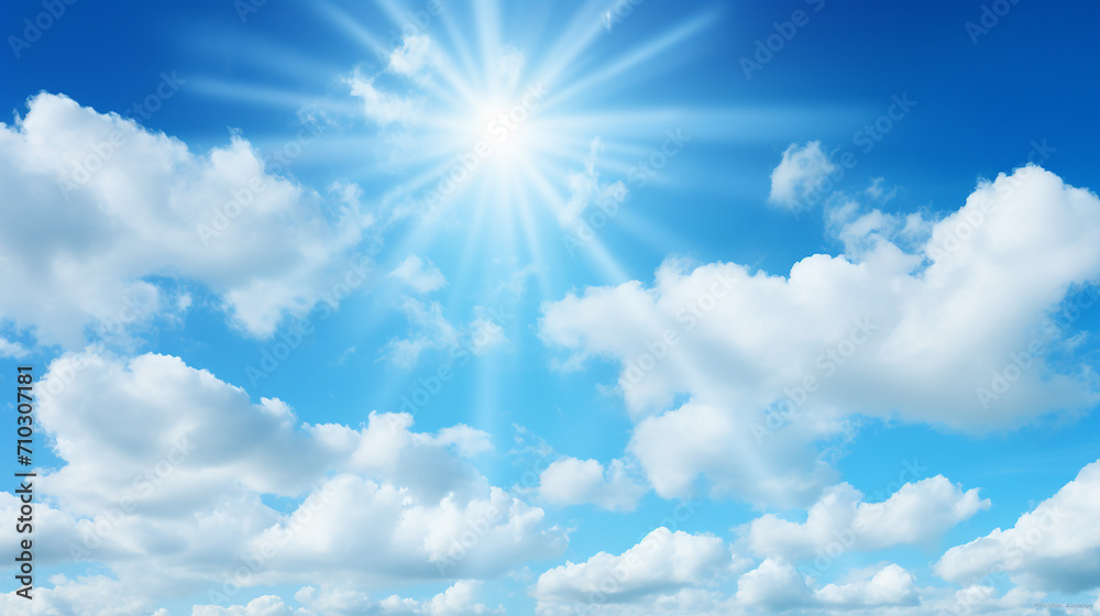 sunny background blue sky with white clouds and sun