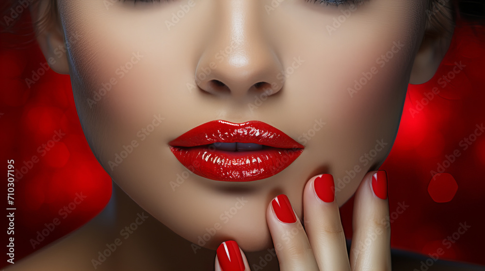 Beautiful girl showing red manicure nails and red lips. Woman Makeup, beauty and cosmetics concept. Copy space, 8 March, Valentine day, Birthday party, International women day - obrazy, fototapety, plakaty 