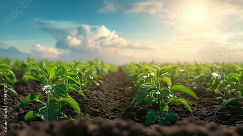Pepper seedlings growing in soil at sunset. Agricultural landscape.