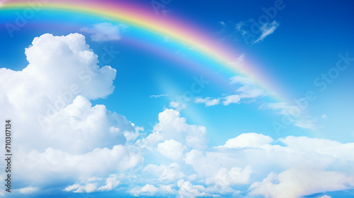 stunning blue sky panoramic with rainbow and big fluffy clouds