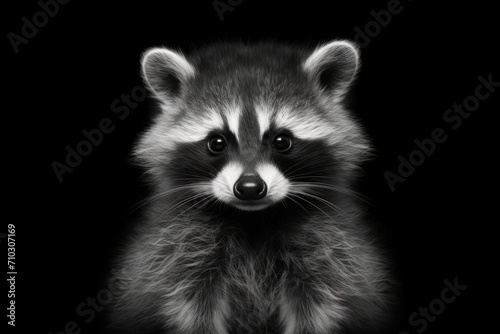 An extremely detailed black and white photo of a raccoon is seen.