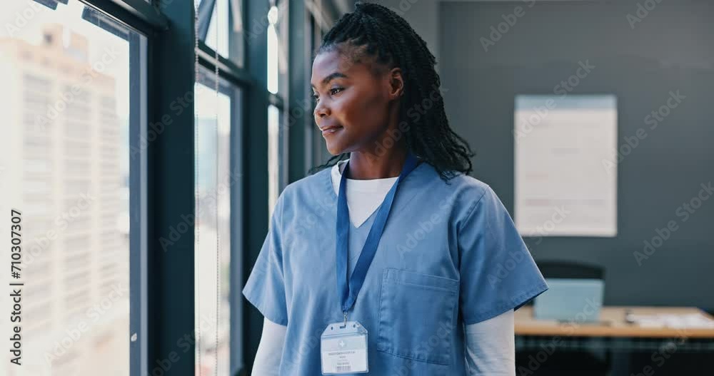 Nurse, healthcare and thinking at window of hospital with ideas for surgery, medical decision or happy. Medicine, black woman and professional intern thoughtful in the clinic with wonder and smile