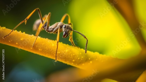 A bug, captured in a macro photo, is seen sitting on top of a yellow flower, providing a point of view of looming over.
