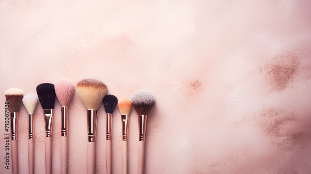 Set of professional makeup brushes on pink background ai generative - obrazy, fototapety, plakaty 