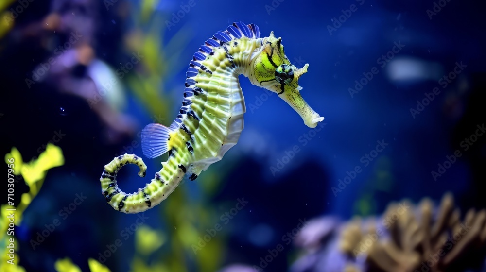 A full view of a seahorse, resembling an underwater sea dragon, is seen in an aquarium.