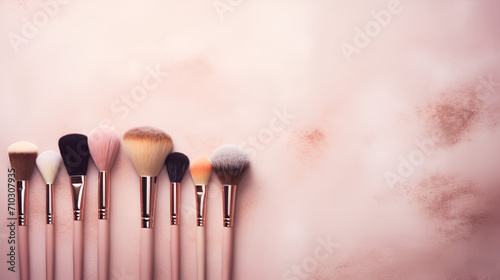 Set of professional makeup brushes on pink background ai generative