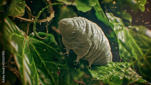 A giant tardigrade, also known as a colossal fluffy tardigrade or a microscopic tardigrade, is seen on a plant. photo
