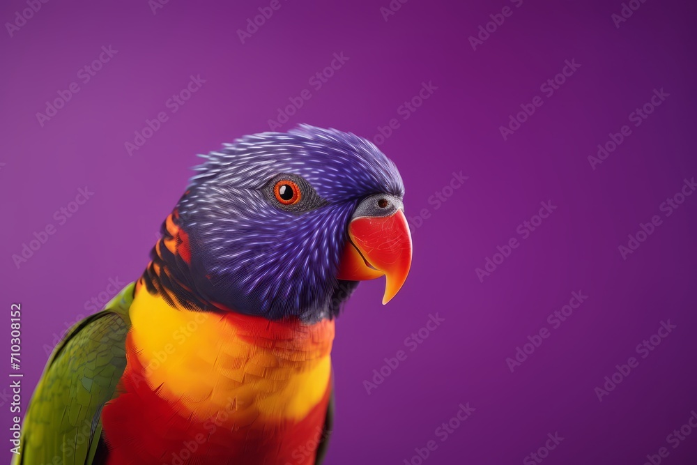 A colorful bird with a long beak and an innocent look is seen sitting on top of a purple surface in a colourful close-up shot.