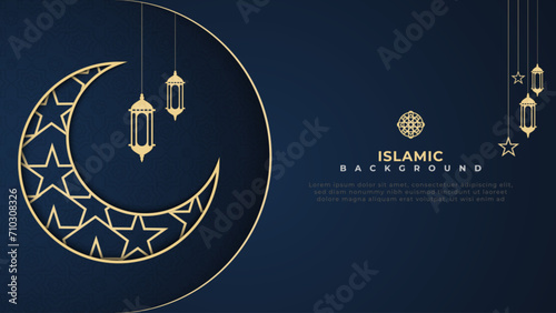 Simple dark blue islamic background with moon elements and hanging lamp