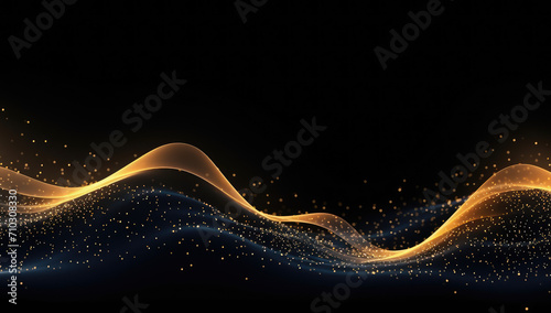 Flowing dot particles wave line pattern yellow gold gradient light isolated on dark black background. Concept of AI technology, science, soundwave, big data , website template, and landing page.