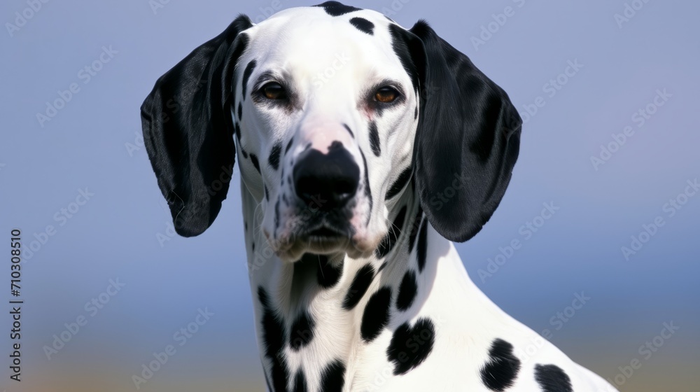 A dalmatian dog, white with black spots, is seen in a closeup portrait shot with a blue sky in the background.