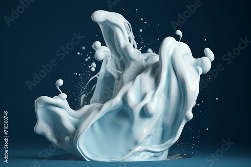 Splashing milk on blue background with white paint, creating a liquid wave. Generative AI