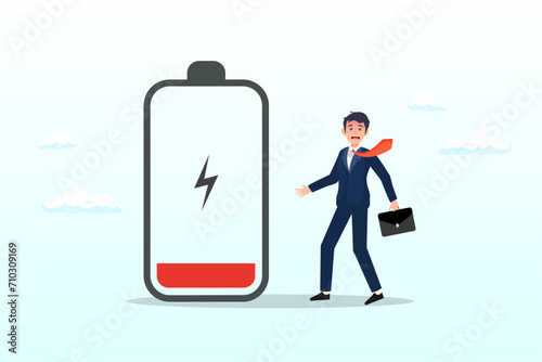 Fatigue and tired businessman stand with low battery sign, exhausted and fatigue from hard work, stressed or anxiety from unhealthy work or depression and burnout, low energy or motivation (Vector)