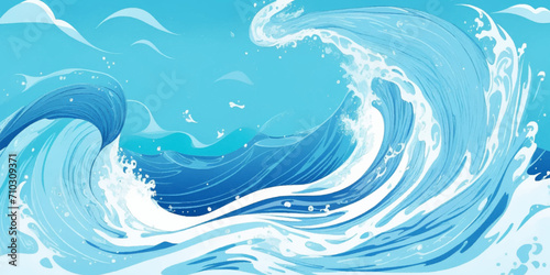 Blue ocean wave background. Blue and white water ocean background. Wavy line background. Hand drawn watercolour ocean background. Vector illustration.