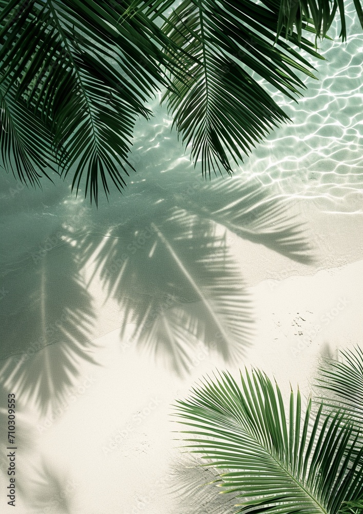 Water background. Blue aqua texture, surface of ripples, transparent palm leaf shadows and sunlight. Spa concept background. Flat lay, top view, copy space, banner