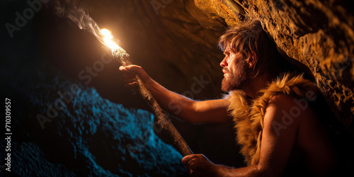 Caveman Wearing Animal Skin Exploring Cave At Night, Holding Torch with Fire Looking at Drawings on the Walls at Night. Neanderthal Searching Safe Place to Spend the Night photo