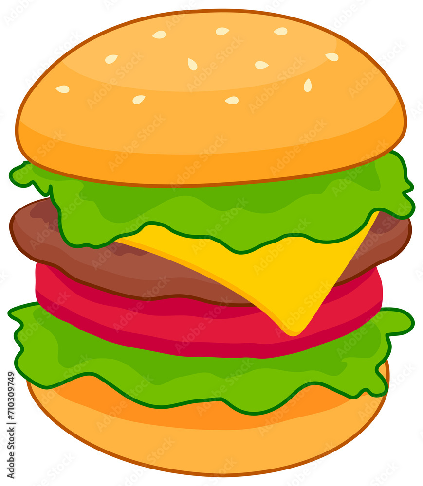 Colorful Fast food, Burger. Unhealthy fast food classic nutrition illustration. Colorful Fast food, Burger. Unhealthy fast food classic nutrition illustration.