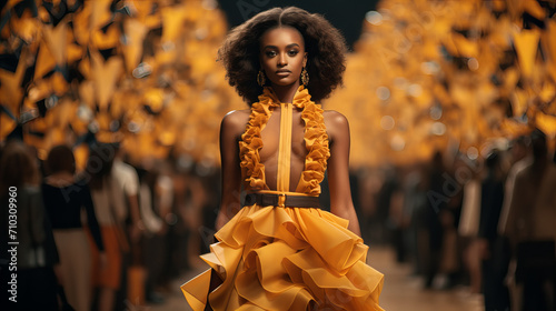 Woman model in orange chiffon evening dress, high fashion show, Beautiful Bride in High Fashion Orange Wedding Gown on Black, Fashion Model on Runway, on Creative Stage Catwalk with Full Scale Lightin photo