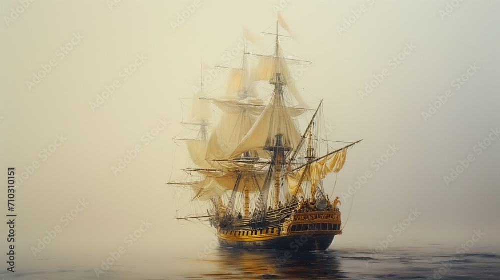 Obraz premium A painted portrayal of a wooden galleon ship sailing peacefully into a dense yellow fog in the midst of the ocean
