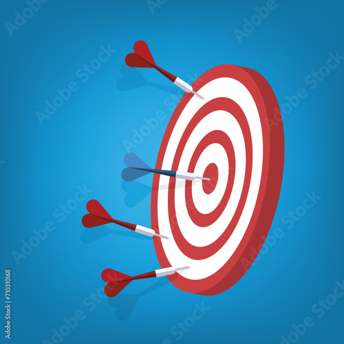 Red darts missed hitting target and only blue one hits the center. Business challenge failure and success concept.	