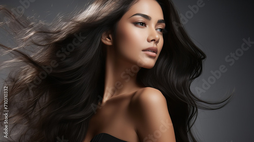 closeup portrait of beautiful young asian model woman with long black straight hair, with curly hair, salon make-up, copy space banner invitation concept, Valentine day, Confident carefree women photo