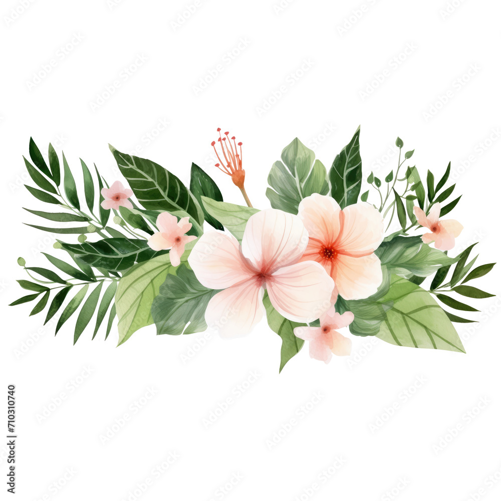 atercolor of Tropical spring floral green leaves and flowers isolated on transparent background