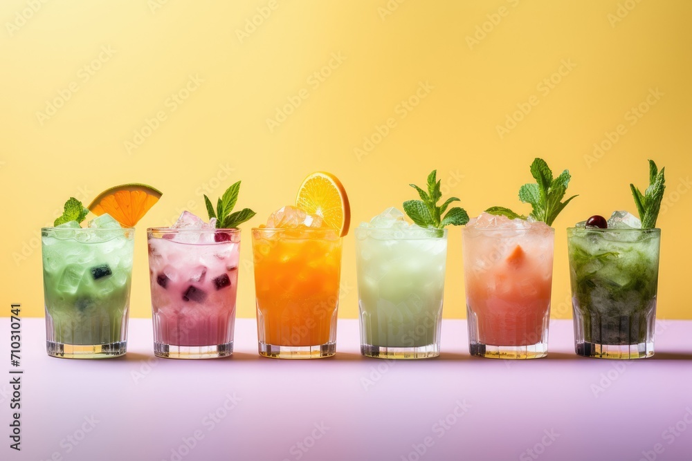 A selection of alcohol-free mocktails with creative garnishes - obrazy, fototapety, plakaty 