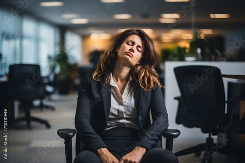 Businesswoman sitting sleep dozing and working hard at with front of computer and lots of documents on the table in workplace at late with serious action, Work hard and too late concept photo