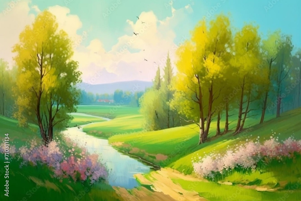 Painting of scenic spring landscape. Generative AI