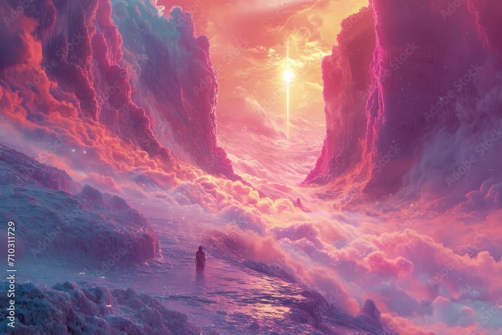 Dreamlike sequence of a surreal landscape, ethereal colors, a character journeying through an unknown world