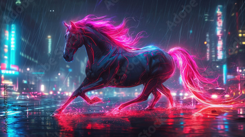 Cyberpunk-inspired horse with vibrant neon stripes, trotting in a futuristic cityscape, under neon lights