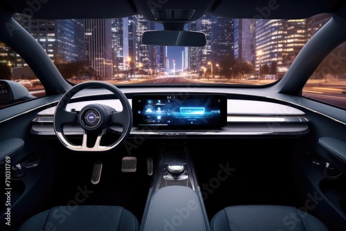 Experience the mesmerizing city lights reflected on your car dashboard as you drive through the urban landscape at night, A user-friendly dashboard of a self-driving car, AI Generated © Iftikhar alam