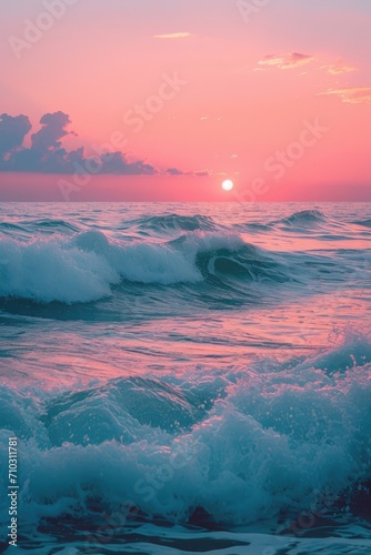 Ocean horizon at magic hour, the sky a canvas of warm pinks and cool blues, gentle waves in the foreground