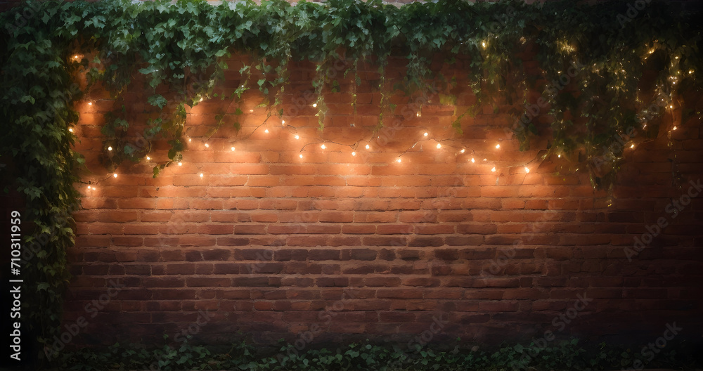 Beautiful Vine Covered Brick Wall with Rope Lighting Accent for Wallpaper or Background Generative AI