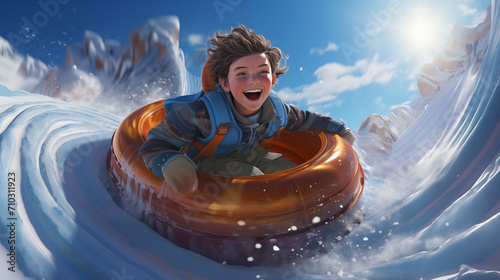A young boy with exhilarating joy rides a snow tube down a winter slide,