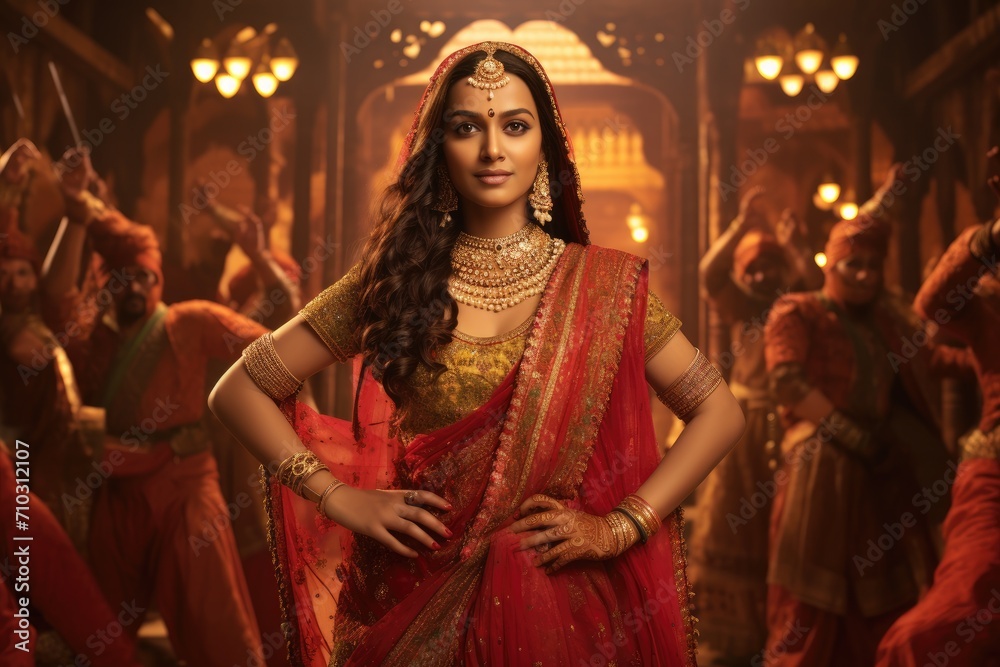 A stunning woman dressed in a vibrant red and gold outfit takes the spotlight as she stands in front of a captivated crowd, A vibrant Bollywood movie set with traditional Indian outfits, AI Generated