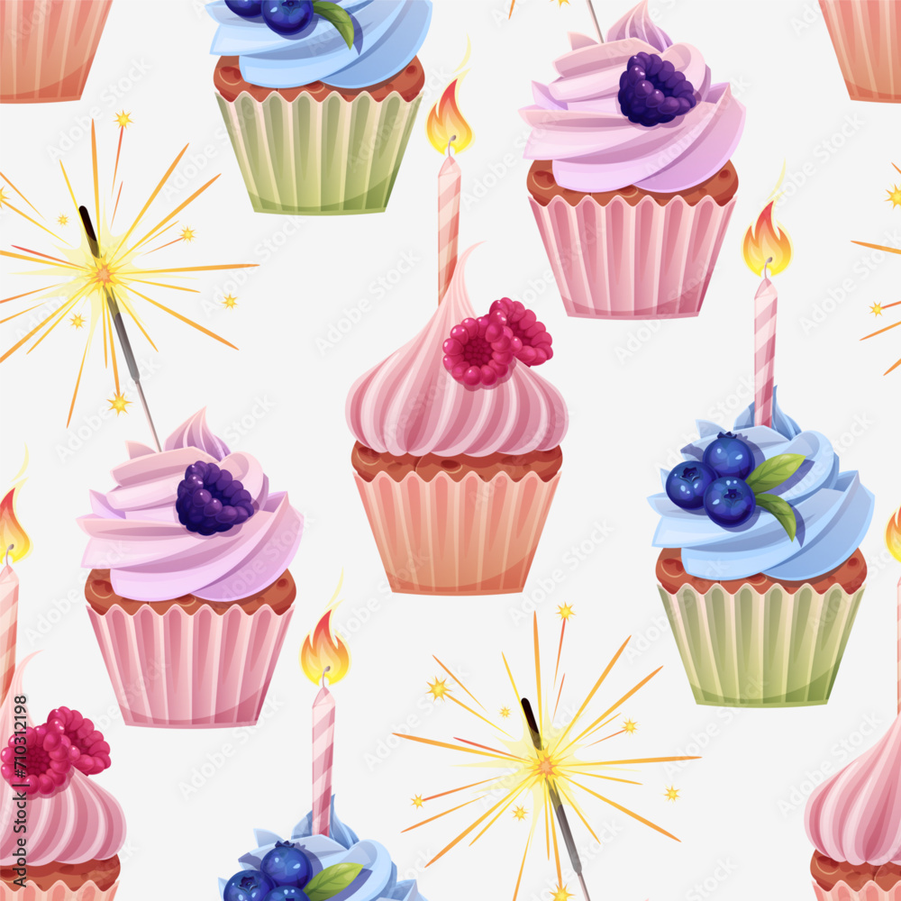Seamless pattern with cupcake decorated with cream, blackberries, blueberries, raspberries, candle and sparkler. Birthday muffin background. Festive texture for wrapping paper, cards, fabric