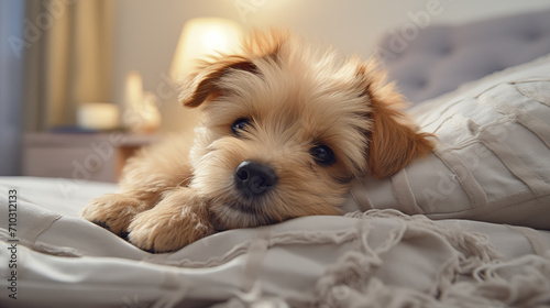 Adorable fluffy puppy lying down on a comfortable bed, looking at the camera with a soft gaze