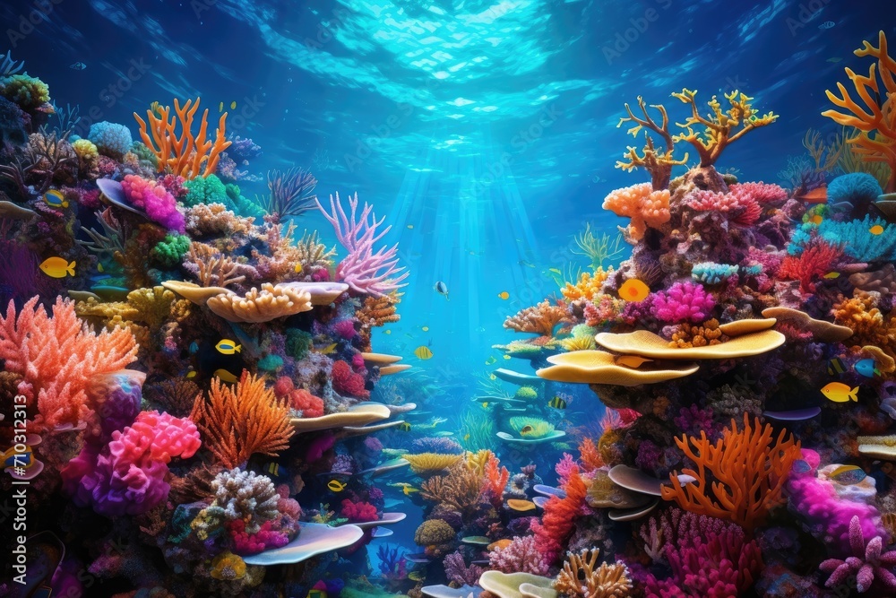 A vibrant underwater scene showcasing a variety of corals and fish swimming peacefully in their natural habitat, A vibrant underwater seascape teeming with colorful coral reef, AI Generated