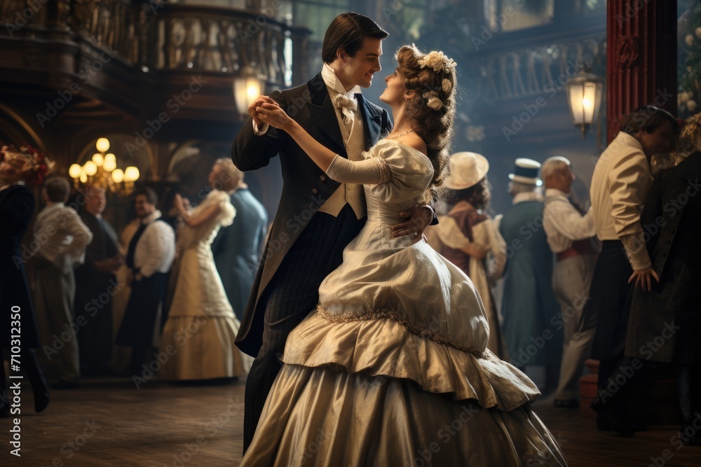 A man and woman dance gracefully in a ballroom, showcasing their elegant moves, A Victorian couple sharing a dance at a grand ball, AI Generated
