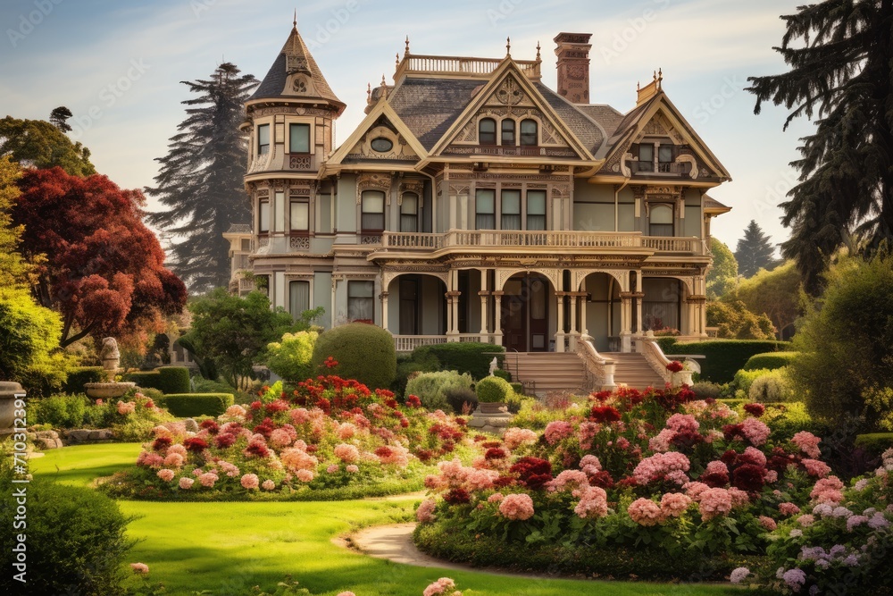 A grand house, surrounded by vibrant flowers and lush trees, nestled harmoniously in its natural environment, A Victorian era mansion with elaborate gardens, AI Generated