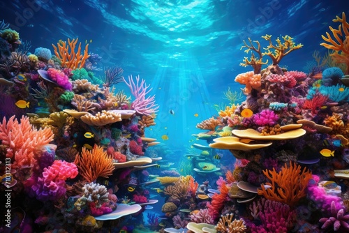 A vibrant underwater scene showcasing a variety of corals and fish swimming peacefully in their natural habitat, A vibrant underwater seascape teeming with colorful coral reef, AI Generated © Iftikhar alam