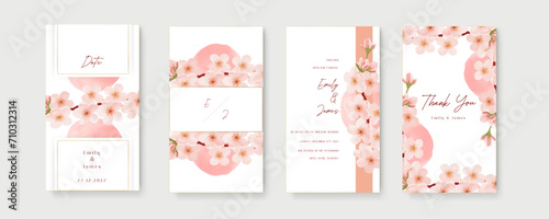 Pink sakura luxury wedding invitation with golden line art flower and botanical leaves, shapes, watercolor. Wedding invitation template in portrait or story orientation for social media poster